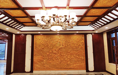 明光中式别墅客厅中式木作横梁吊顶装饰展示